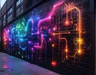 Vibrant Neon Circuit Board Mural Illuminates Urban Nightscape.