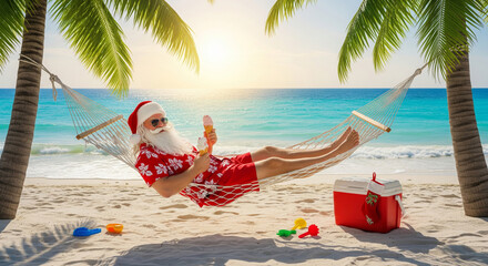Santa Claus eating ice cream lying on a hammock and basking in the sun on the sea beach. Christmas concept during a vacation at a tropical resort