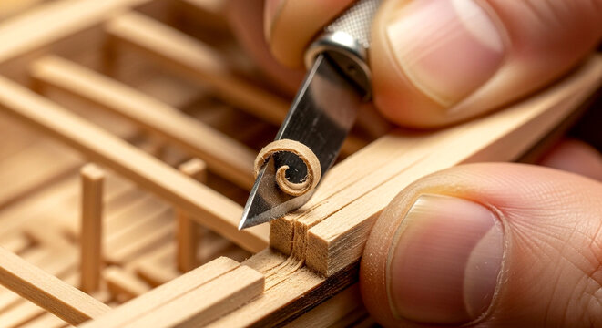 Model Maker Using Craft Knife on Wooden Frame - Powered by Adobe