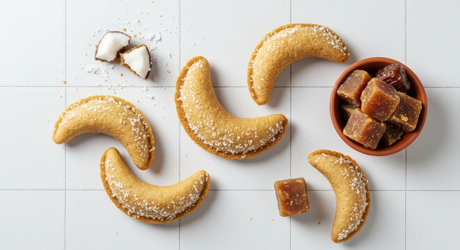 Traditional Homemade Puli Pitha Sweet Dumplings with Coconut and Jaggery Filling on a Plate, Festive Bengali Dessert
