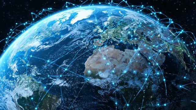 Earth globe visualizes a global network connecting continents with bright blue lines and glowing nodes, representing worldwide digital communication, data exchange, and internet infrastructure