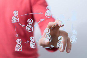 A hand interacts with a digital network of stylized person icons, symbolizing human resources, teamwork, social media, and digital connections.