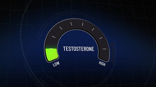 Animated testosterone level gauge, digital display moving from low to high and back, representing hormone fluctuations, androgen deficiency, health monitoring, performance enhancement, copy space.