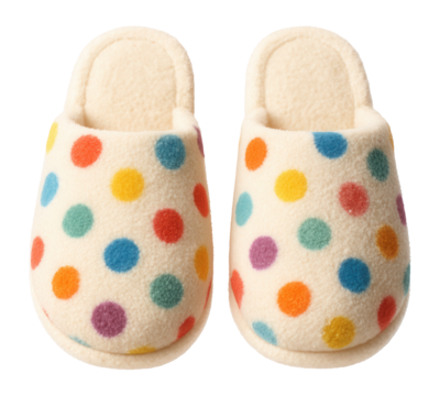 Pair of polka dot patterned slippers.