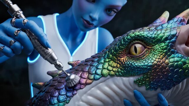 Blue-skinned alien creating detailed iridescent scales on a fantasy dragon using a rotary tool, representing craftsmanship, fantasy, sci-fi and unique creature design