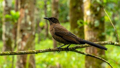 A Beautiful Brown Bird with a Dark Beak and Amber Eyes Perched Peacefully on a Moss-covered Tree Branch Amidst Vibrant Forest Foliage