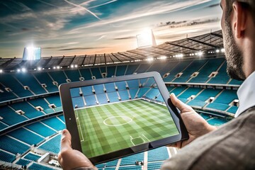 Person holding tablet with digital soccer field in modern stadium at sunset, symbolizing virtual planning and sports technology integration