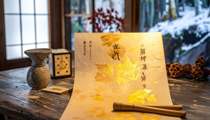 A Handmade Washi Paper Scroll Featuring Golden Leaf Motifs and Elegant Calligraphy Unfurling on a Rustic Wooden Table by a Window