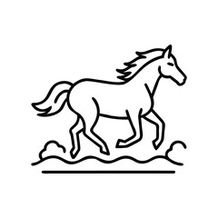 Black and white line drawing of a horse galloping across the ground, horse running in field silhouette vector illustration