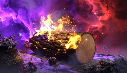 A Mystical Yule Log Burning with Golden Flames and Sparks on an Icy Ground Against a Cosmic Nebula