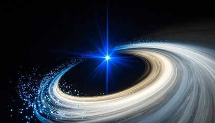 A Radiant Blue Starlike Burst Against a Stark Black Backdrop Filled with Glowing Particles and a Cosmic Spiral