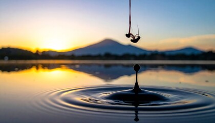 A Single Black Ink Drop Perfectly Captures the Moment of Impact and Ripple Creation on a Calm Lake at Dawn