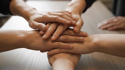 People stacking hands on a light wooden table, symbolizing unity, collaboration and mutual support in a diverse team setting for teamwork, trust and partnership
