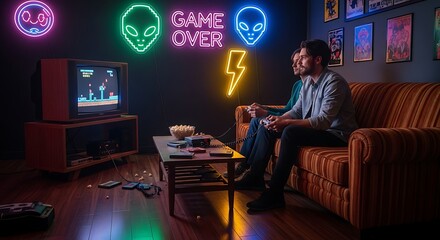 Two people are sitting on a couch playing video games in a retro-themed room with neon lights.
