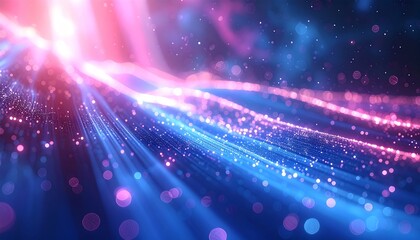 Abstract Background with Glowing Pink and Blue Light Streams and Shimmering Bokeh Particles