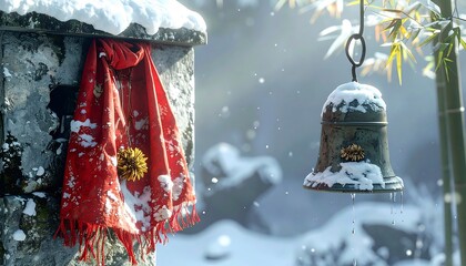 An Ancient Stone Pillar Covered in Snow, Draped with a Vibrant Red Fabric and a Snow-laden Hanging Bell