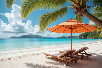 Fototapeta premium Summer Vacation Promo Banner – Beach Chairs and Umbrella on White Sand with Turquoise Ocean for June Travel Deals, May Getaways, and Seasonal Tourism Marketing
