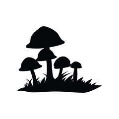 Silhouette of Mushrooms and Grass in Black and White Isolated Illustration, mushroom spores in the wind silhouette vector illustration