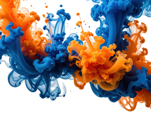 Abstract swirls of vibrant orange and blue ink in liquid