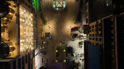 Aerial top down night shot of famous Korai street in centre of Athens, Attica, Greece
