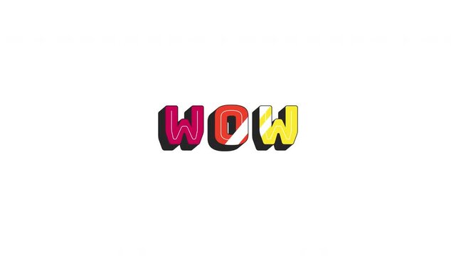 Animated slang WOW in bold typography. Shoutout reaction. Exclamation interjection. Excitement, surprise. Chunky 3D letters appearing sequentially with playful shine. Cartoon text reveal animation