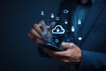 Secure Mobile Cloud: Businessman interacts with a phone displaying a cloud security system, data protection, and secure access management.