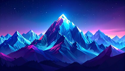 Vibrant mountain range at night, glowing peaks