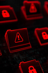 Red folder icons display an exclamation mark inside a triangle, implying data breach, warning, malware, error, or cybersecurity danger.