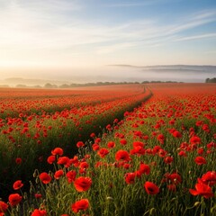 Vibrant Poppy Field Under a Misty Sunrise, Serene Landscape.