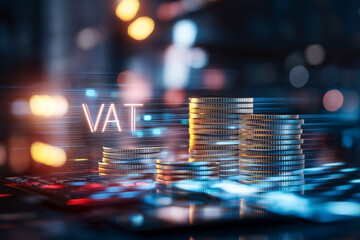 Stacks of coins are arranged next to the word VAT, representing value added tax, set against a blurred blue and orange background.