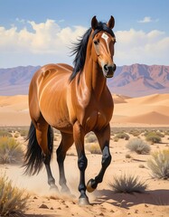 Obraz premium A spirited chestnut horse strides across a sun-drenched desert landscape, its coat gleaming under a vibrant sky