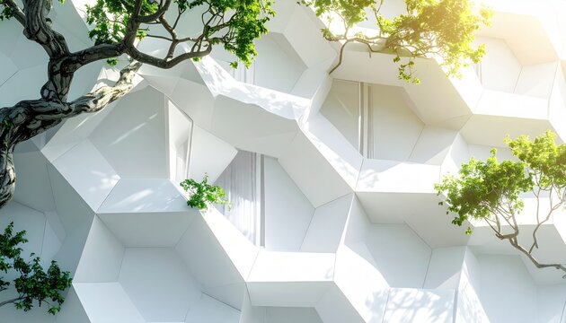 Modern Hexagonal Architecture Integrated with Lush Greenery and Sunlight.