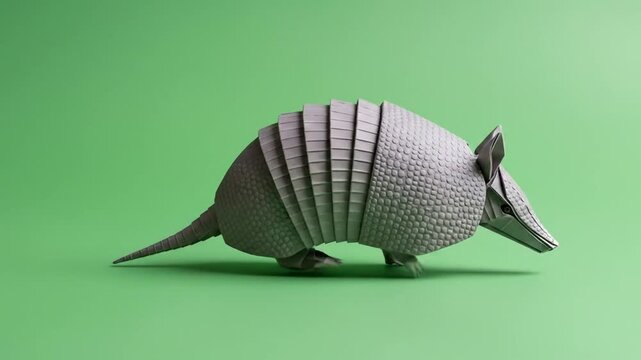 Origami armadillo paper sculpture side profile on green seamless background loop frames.