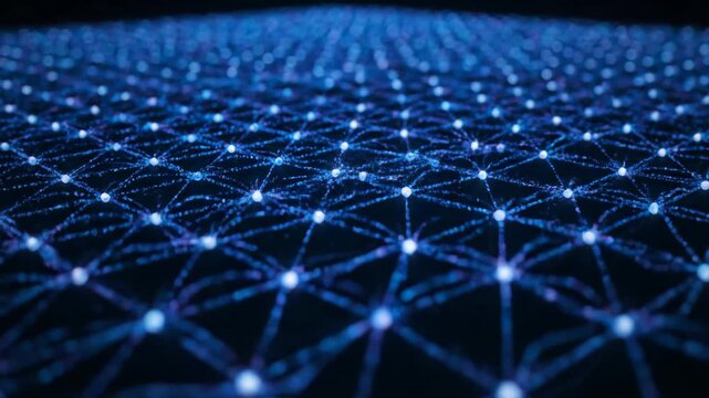 Abstract visualizing global digital network connections, showing data traveling between white glowing nodes in a complex blue and purple grid structure