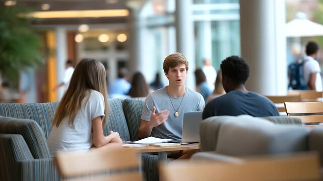 team of MBA students conducting survey interviews in bustling lobby muted crowd noise authenticity real world learning three quarter wide angle cinematic color correction gentle