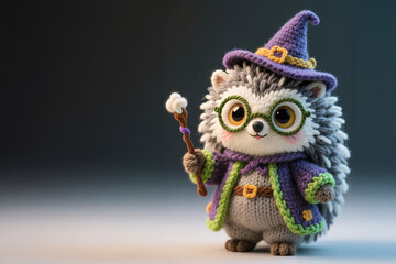 Cute little crocheted hedgehog doll dressed in a witch's costume holding wand in hand.