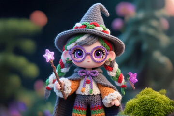 Witch crochet doll girl holding magic wand standing in the garden.
