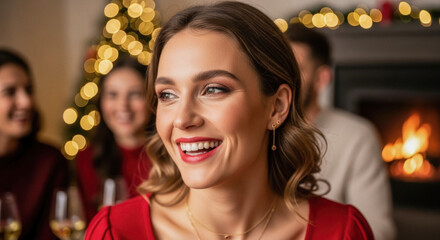 Smiling woman enjoying a festive Christmas celebration in a cozy home