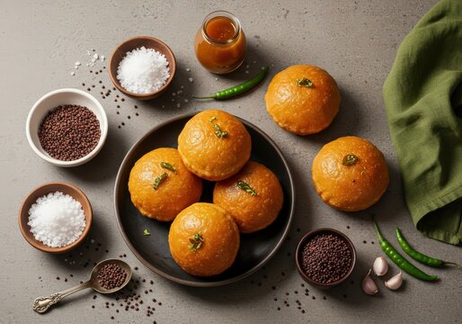 Spicy Indian Fritters (Goli Baje or Mangalore Bajji) with Chutney and Spices on Grey Background