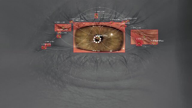 Precision eye tracking coordinate mapping system with detection points AI biometric scanning iris recognition medical diagnostics computer vision analysis security surveillance technology interface