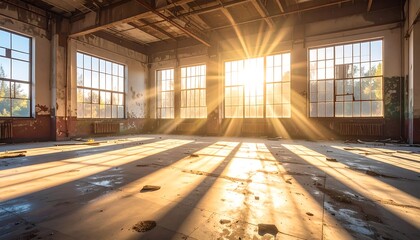 A sunlit, abandoned industrial building interior with massive windows, creating long shadow patterns on the floor