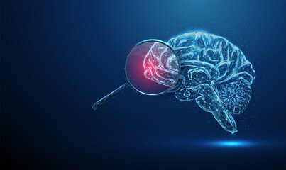 Brain with a magnifying glass and red spot inside. Brain lesion detection, neurological disease diagnosis, neuroimaging research, health monitoring concept.