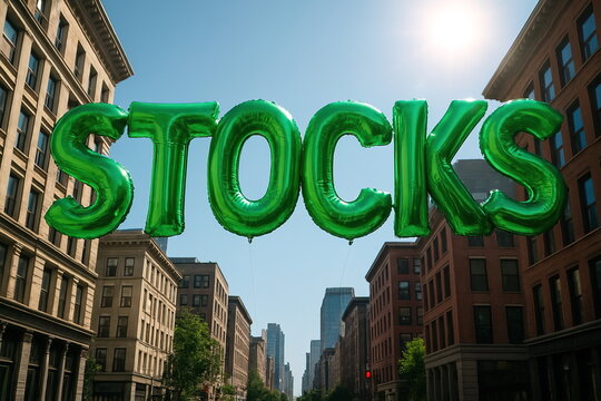 Green Metallic &ldquo;STOCKS&rdquo; Balloons Over City Street &mdash; Finance Concept
