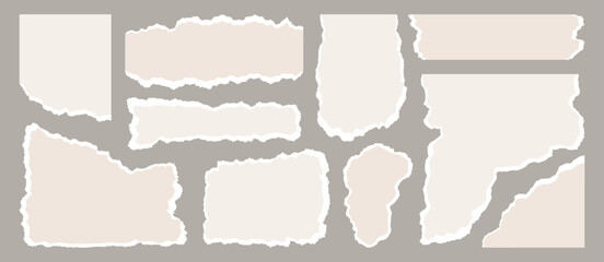Light beige paper shapes with jagged uneven edges. Torn paper pieces set. Ripped fragments for message label, banner, collage, text box, sticker, poster