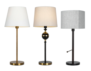 Three table lamps with different shades