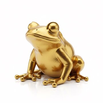A golden frog statuette, sitting, with large eyes,