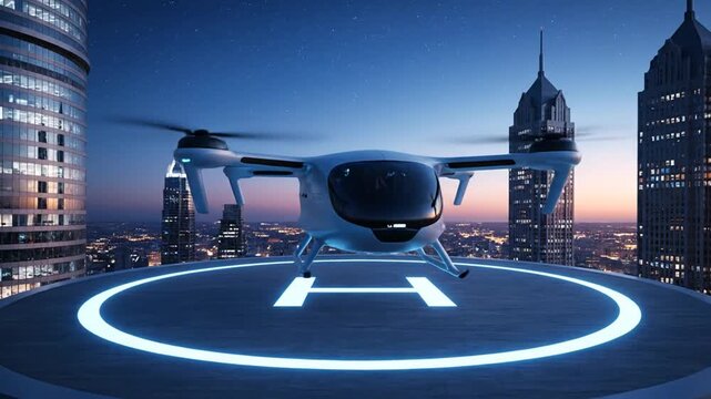Autonomous Flying Taxi Drone Landing on Helipad in a Futuristic City.