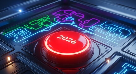 Close-up of a futuristic red button labeled 2026, surrounded by glowing neon circuits.