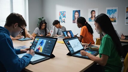 Young students actively creating digital art and graphic design on modern tablets with styluses during a technology-focused class, enhancing their creative and technical skills - Powered by Adobe