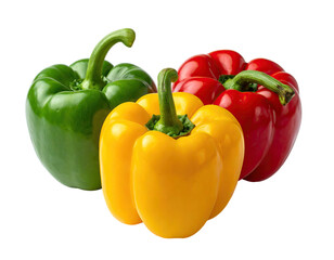 Three bell peppers in vibrant green, yellow, and red